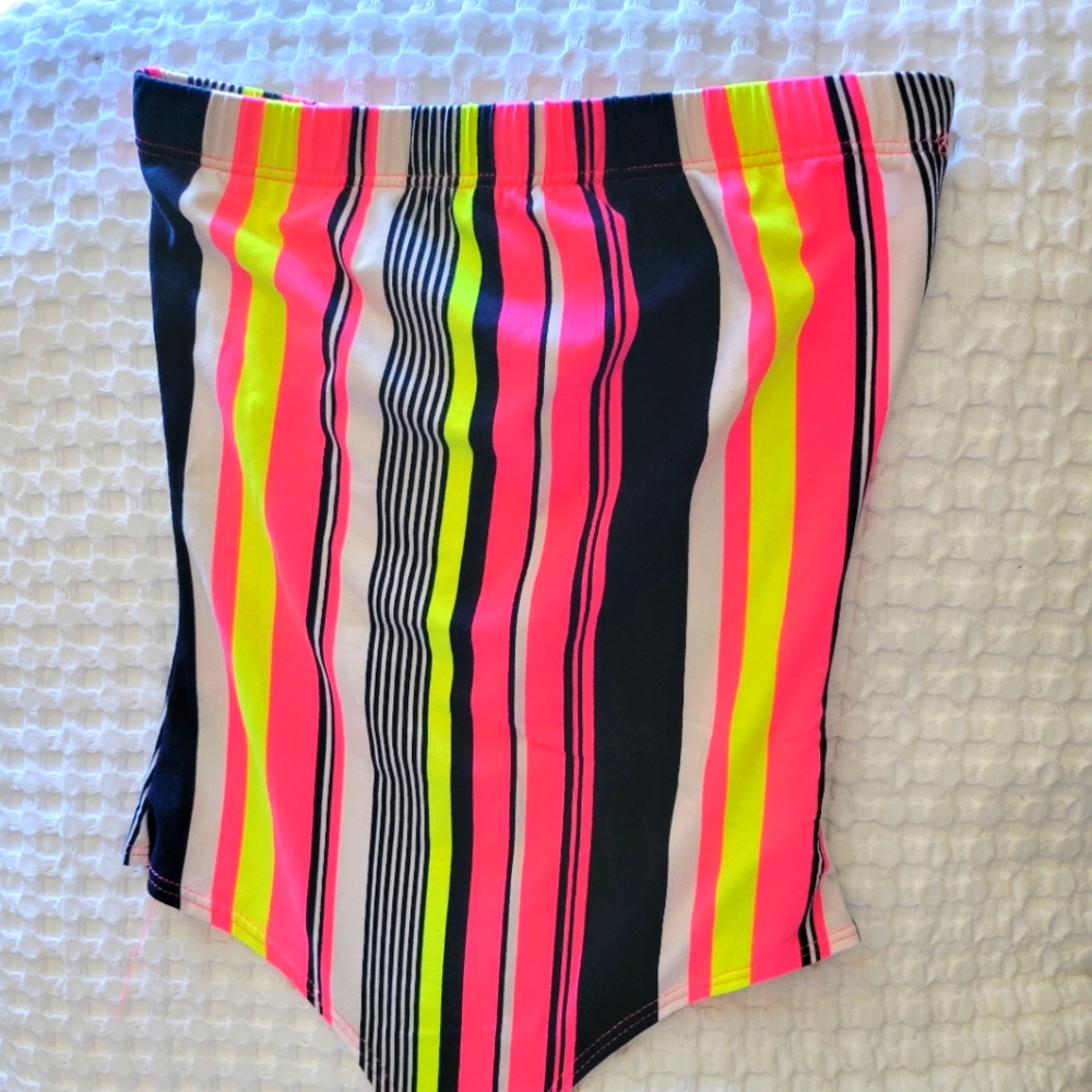 Bright striped tube-top bodysuit
